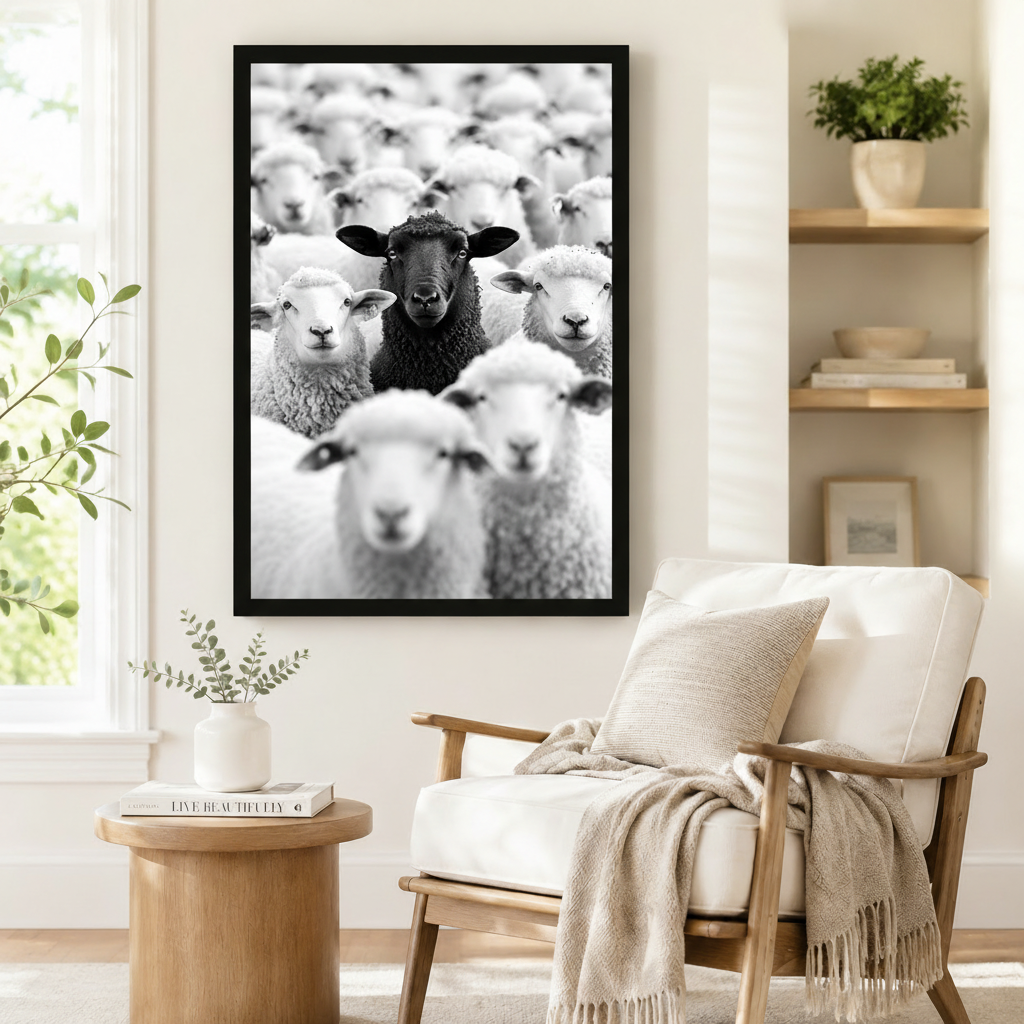 Large black-framed canvas print of a lone black sheep gazing forward among dozens of white sheep, styled beside a linen armchair and round side table in a cozy Scandinavian reading corner