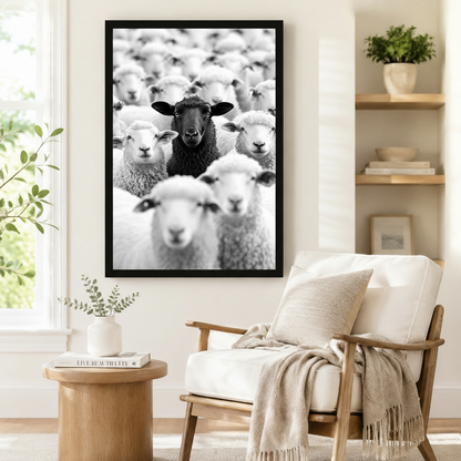 Large black-framed canvas print of a lone black sheep gazing forward among dozens of white sheep, styled beside a linen armchair and round side table in a cozy Scandinavian reading corner