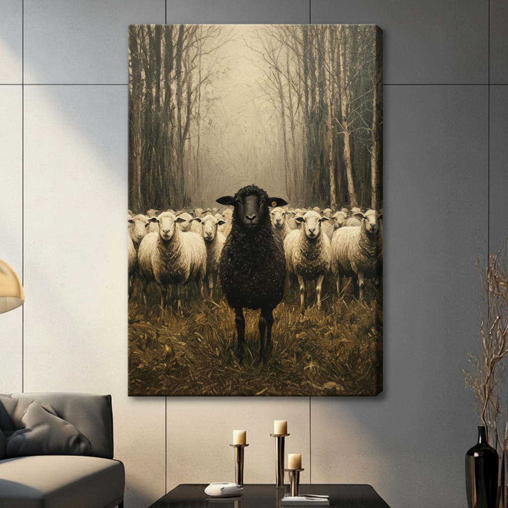 Unframed stretched canvas print of a lone black sheep standing before a herd of white sheep in a foggy bare-tree forest with warm sepia and golden brown oil painting texture in a contemporary living room