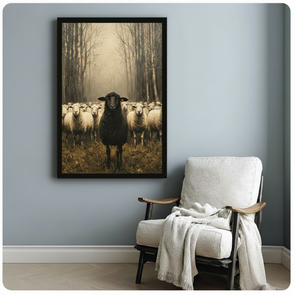 Black framed black sheep leading white flock in misty forest canvas art print with vintage oil painting texture in warm sepia tones on a light blue-grey wall beside a white linen armchair with draped throw