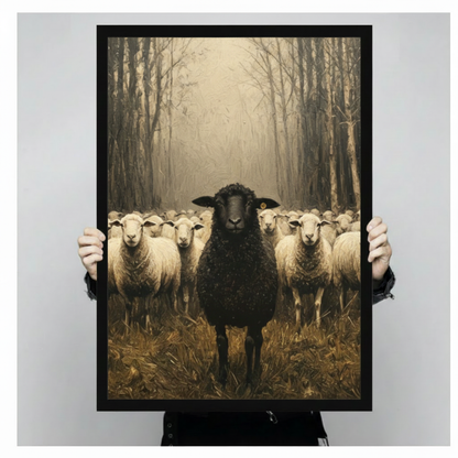 Person holding a large black framed black sheep and white flock in misty forest canvas art print showing print size scale and detailed vintage oil painting texture with sepia brown forest atmosphere
