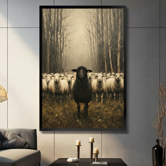 Framed vintage oil painting style black sheep leading a white flock through a misty forest canvas wall art in sepia brown tones displayed on a dark grey wall in a modern living room with candle holders