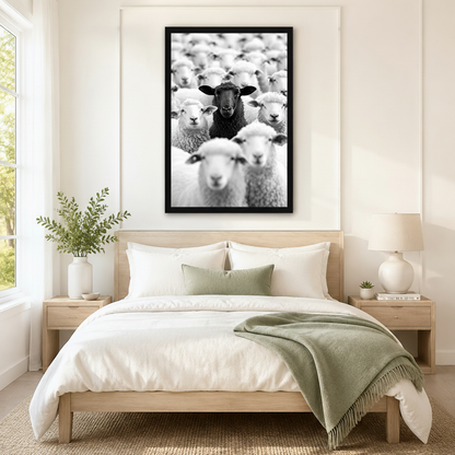 Oversized black-framed canvas of a lone black sheep rising above a sea of white sheep, mounted as a bold monochrome statement piece above a neutral linen bed in a minimalist farmhouse bedroom