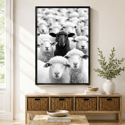 Framed black and white canvas print of a bold black sheep standing out among a flock of white sheep, displayed above a rattan storage console in a bright Scandinavian entryway