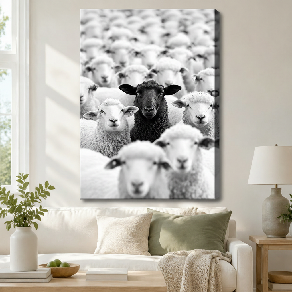 Gallery wrap canvas of a striking black sheep surrounded by a crowd of white sheep in dramatic black and white photography style, hung above a white linen sofa in a neutral boho living room

