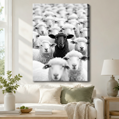 Gallery wrap canvas of a striking black sheep surrounded by a crowd of white sheep in dramatic black and white photography style, hung above a white linen sofa in a neutral boho living room
