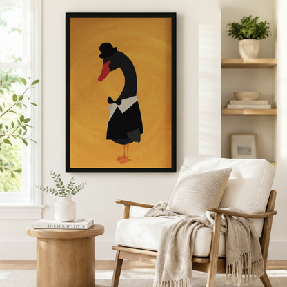 Whimsical black swan with bowler hat minimalist framed wall art print beside linen armchair in Scandinavian-style reading corner