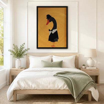 Sophisticated black swan gentleman in tuxedo framed canvas wall art hung above bed as a bold mid-century modern bedroom statement piece