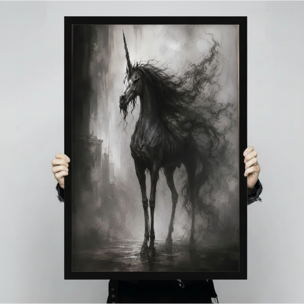 Hand-held close-up of gothic black unicorn dark fog black framed art print, detailed view of dramatic fantasy horse with wild flowing mane and sharp horn, premium dark fantasy wall decor