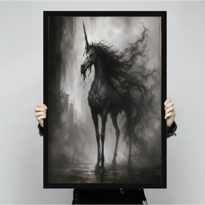 Hand-held close-up of gothic black unicorn dark fog black framed art print, detailed view of dramatic fantasy horse with wild flowing mane and sharp horn, premium dark fantasy wall decor