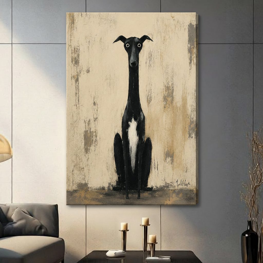 Unframed canvas print of whimsical black whippet dog painting with expressive white eyes, hung on gray wall in contemporary living room