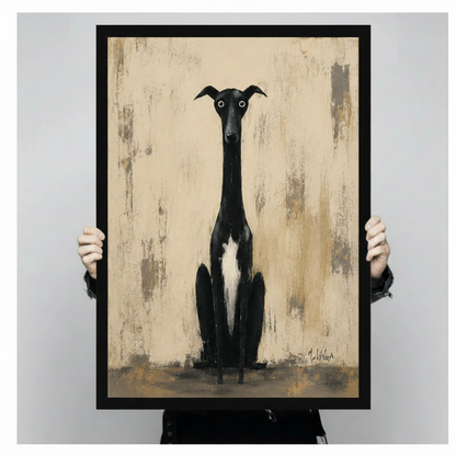 Close-up of black framed whippet dog wall art print featuring quirky greyhound portrait on aged beige canvas, held by person against neutral background