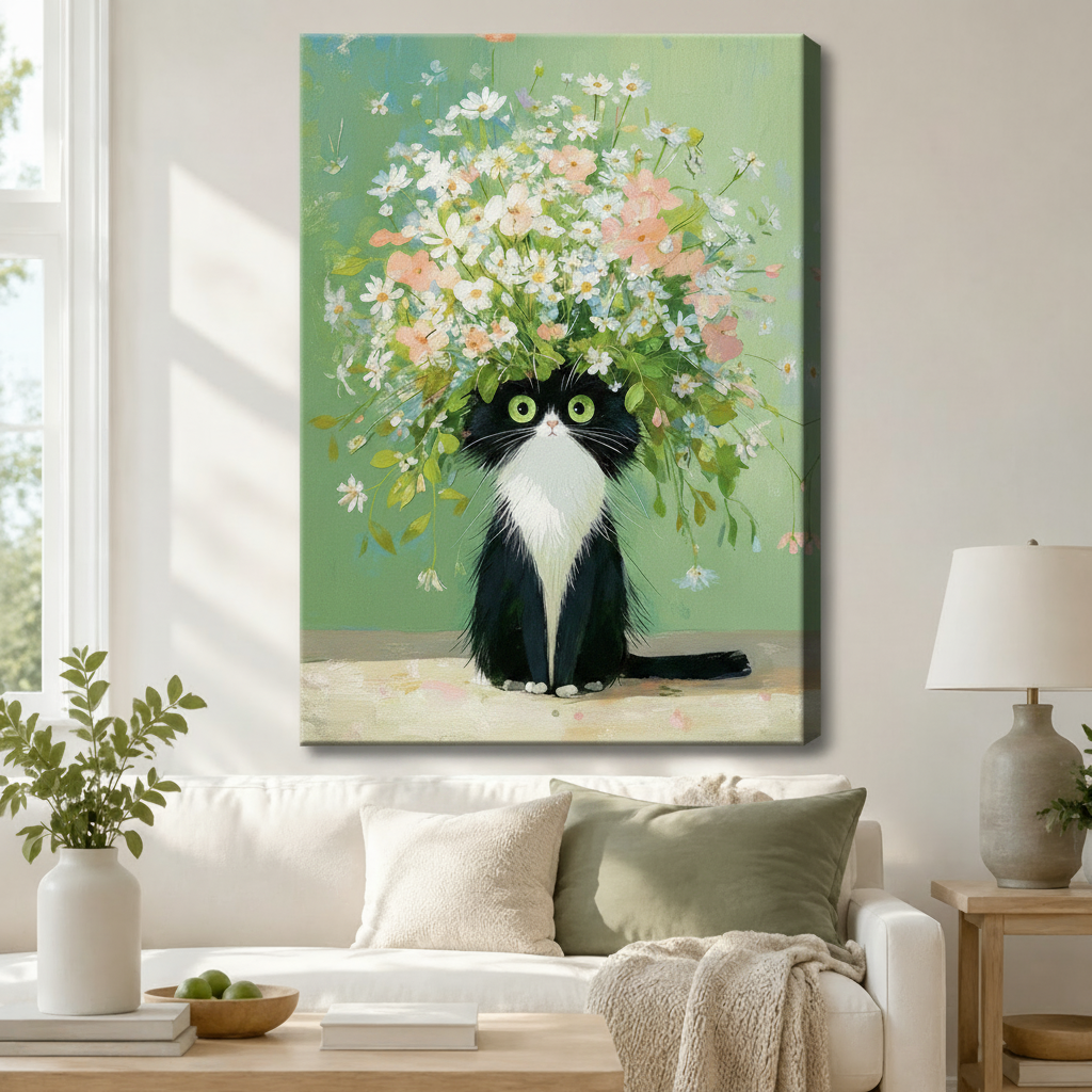 Gallery wrap canvas of a wide-eyed tuxedo cat beneath a lush white and pink wildflower bouquet hung above a white sofa in a modern living room
