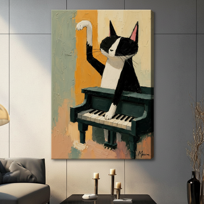 Expressive black and white cat performing at grand piano on warm amber background, stretched canvas print displayed on grey tile wall in contemporary living room