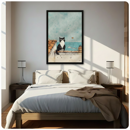 Framed watercolor black and white cat on terracotta rooftop gazing at ocean canvas print above wooden bed in sunlit minimalist bedroom - whimsical cat with dolphins and flying goldfish seaside wall art with soft teal watercolor sky for contemporary bedroom home decor