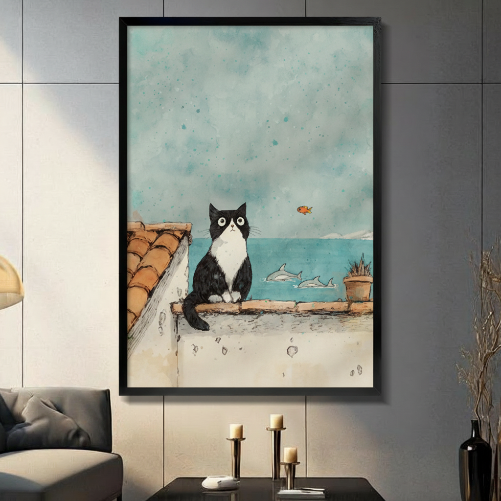 Framed watercolor black and white cat sitting on rooftop gazing at ocean canvas print on dark grey tile wall in modern living room - whimsical cat with dolphins and goldfish seaside wall art with soft teal sky for contemporary home decor