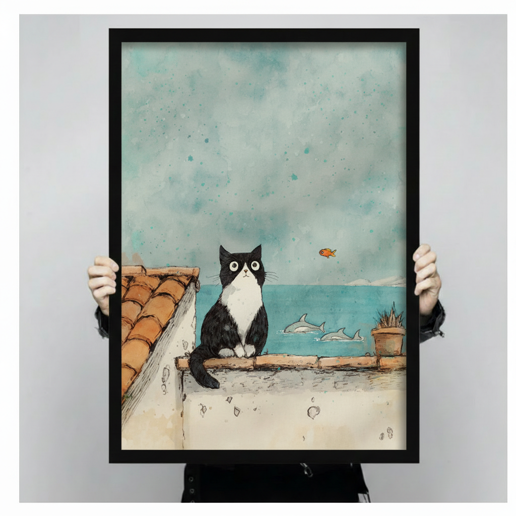Person holding large framed watercolor black and white cat sitting on rooftop gazing at ocean canvas print with both hands - close up view of whimsical cat with dolphins and goldfish seaside illustration wall art with soft teal sky and black frame finish