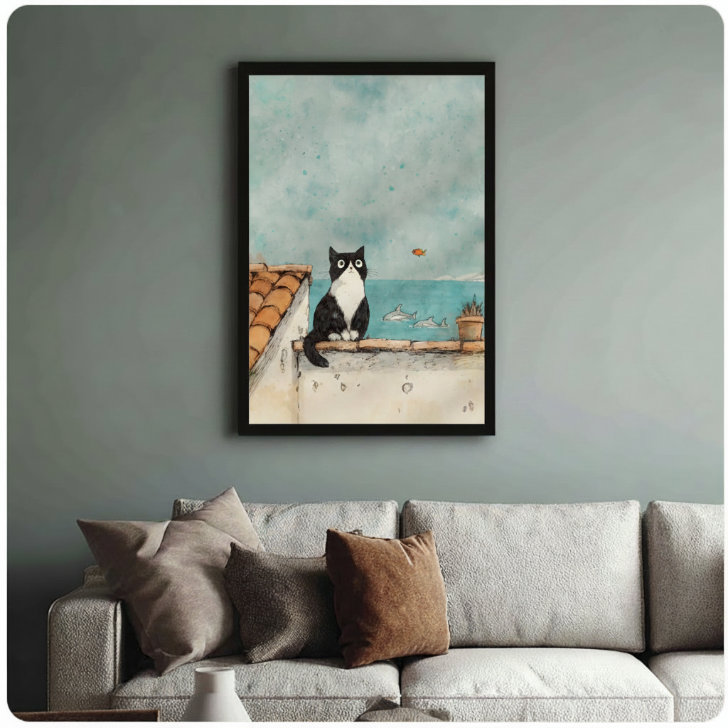 Framed watercolor black and white cat sitting on terracotta rooftop gazing at ocean canvas print above cream sofa on sage green wall - whimsical cat with dolphins and goldfish seaside illustration wall art for stylish living room decor