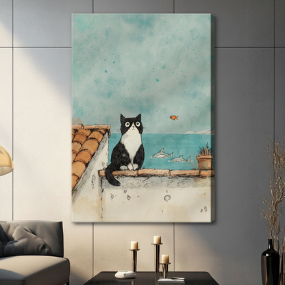 Unframed watercolor black and white cat on rooftop watching ocean canvas print on dark grey wall in contemporary living room - charming cat with dolphins and flying goldfish seaside wall art with soft teal watercolor sky for modern interior decor