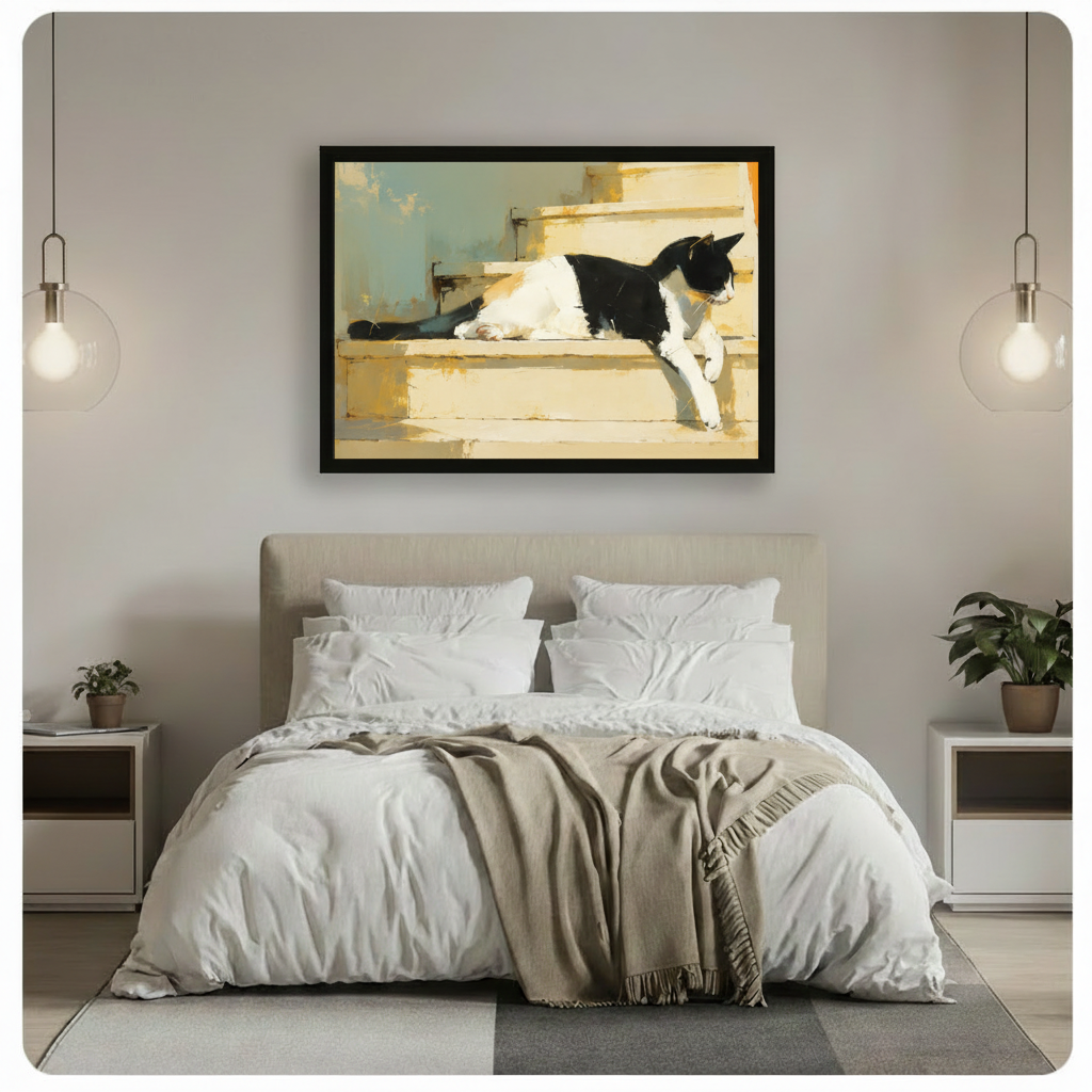 Framed tuxedo cat wall art hung above a bed in a minimalist bedroom, warm earthy tones complementing neutral linen bedding