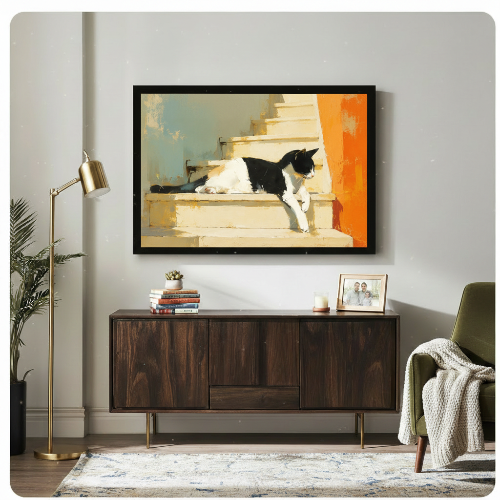 Black framed canvas of a cat resting on stone steps displayed above a dark walnut sideboard in a contemporary living room