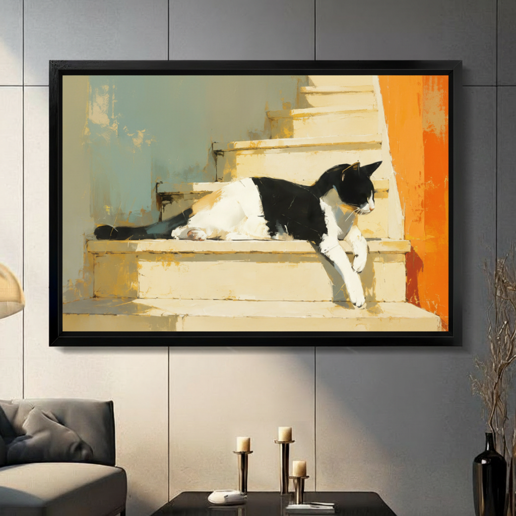 Framed canvas wall art of a black and white tuxedo cat resting on sun-drenched stone stairs, displayed in a modern living room