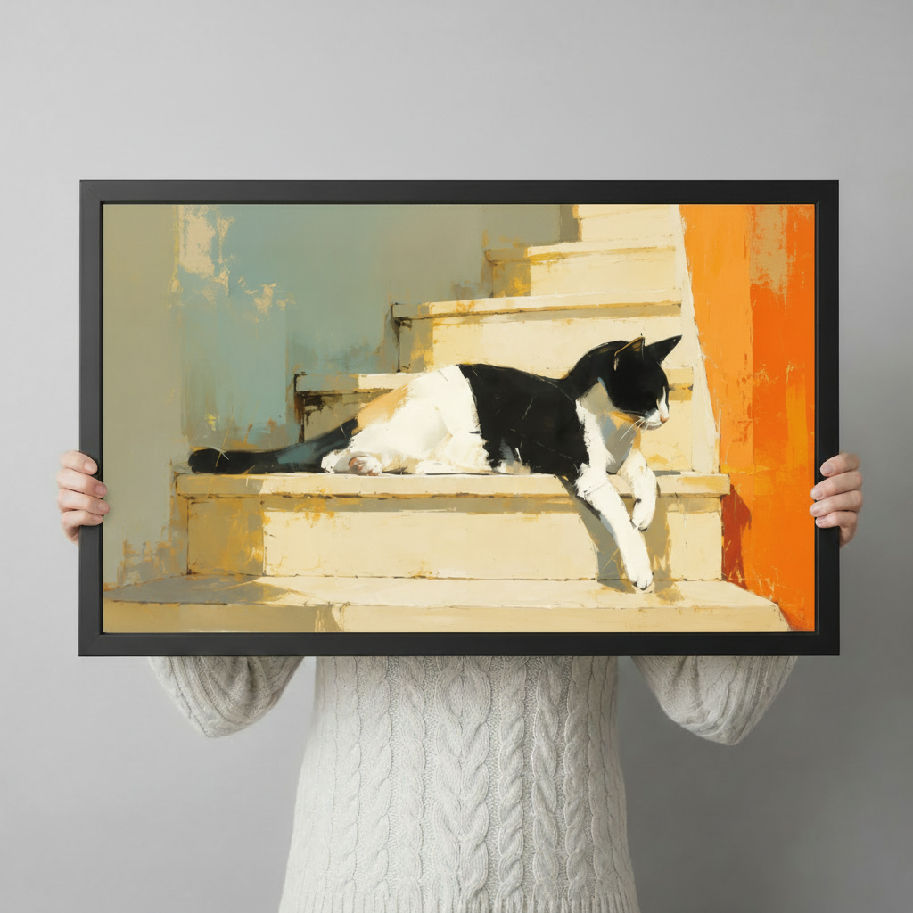 Person holding a framed black and white cat on stairs oil painting print, showing artwork scale and black frame detail