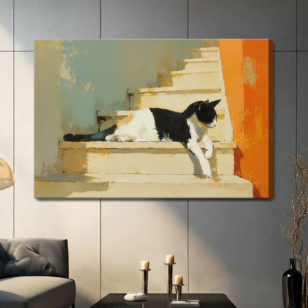 Gallery wrapped canvas print featuring a tuxedo cat lounging on cream stone steps with warm orange and teal abstract background
