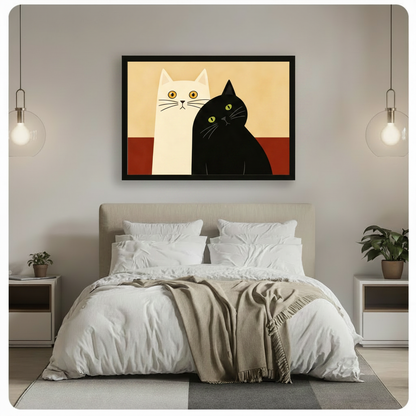 Gallery wrap stretched canvas of a minimalist black and white cat pair with cream and terracotta background hung frameless on a dark gray wall above candlestick holders and black vase