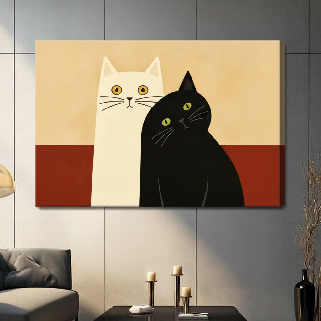 Black framed Japandi style black and white cat canvas print hung above a upholstered bed with white linen bedding in a minimalist bedroom with glass pendant lights and green potted plants