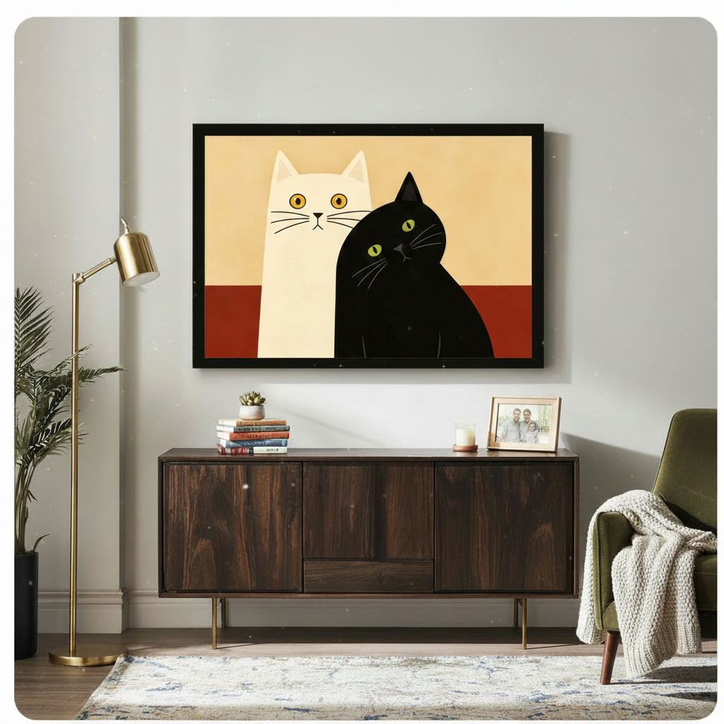 Person in white knit sweater holding up a large black framed minimalist black and white cat canvas art print against a neutral gray background, front-facing horizontal product display