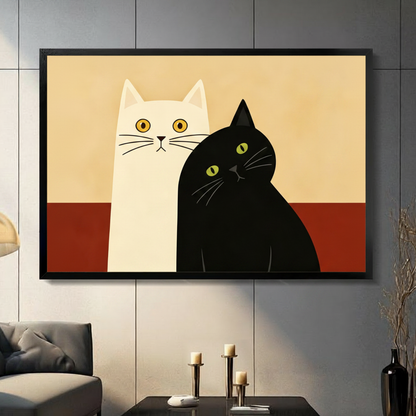 Black framed minimalist black and white cat canvas wall art with cream and terracotta geometric background displayed in a modern dark gray living room with candlesticks and black vase