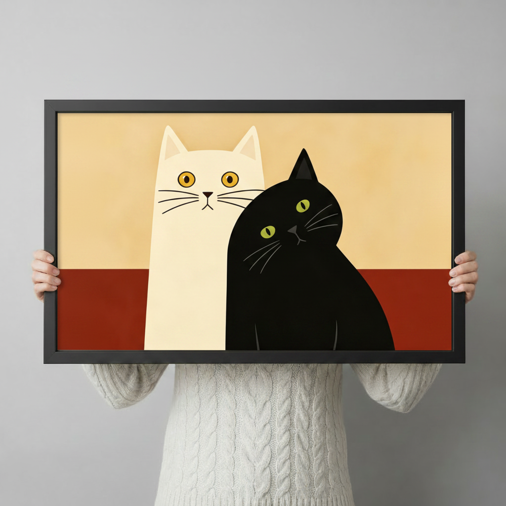 Black framed minimalist cat duo canvas art hung above a dark walnut wood sideboard with stacked books and photo frame in a modern living room with gold floor lamp and olive green armchair