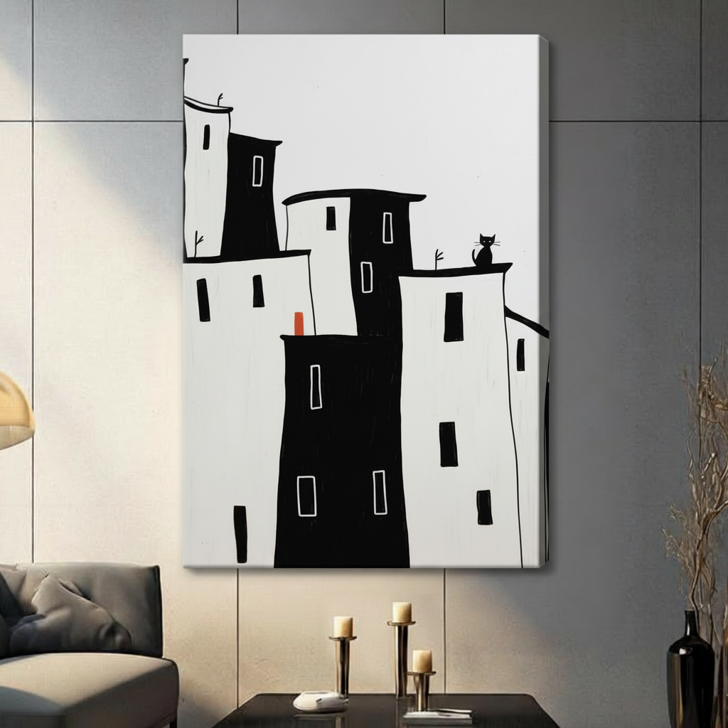 Gallery wrapped canvas art featuring hand-drawn style black and white urban buildings with tiny black cat on rooftop and red accent detail, hung on dark wall


