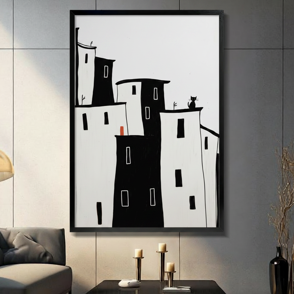 Black framed canvas print of minimalist black and white city buildings with black cat sitting on rooftop and red door accent, displayed on dark wall above console table