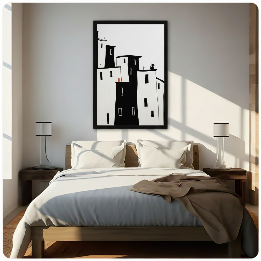Large framed minimalist black and white city buildings wall art above bed, featuring black cat on rooftop with red accent in sunlit neutral bedroom