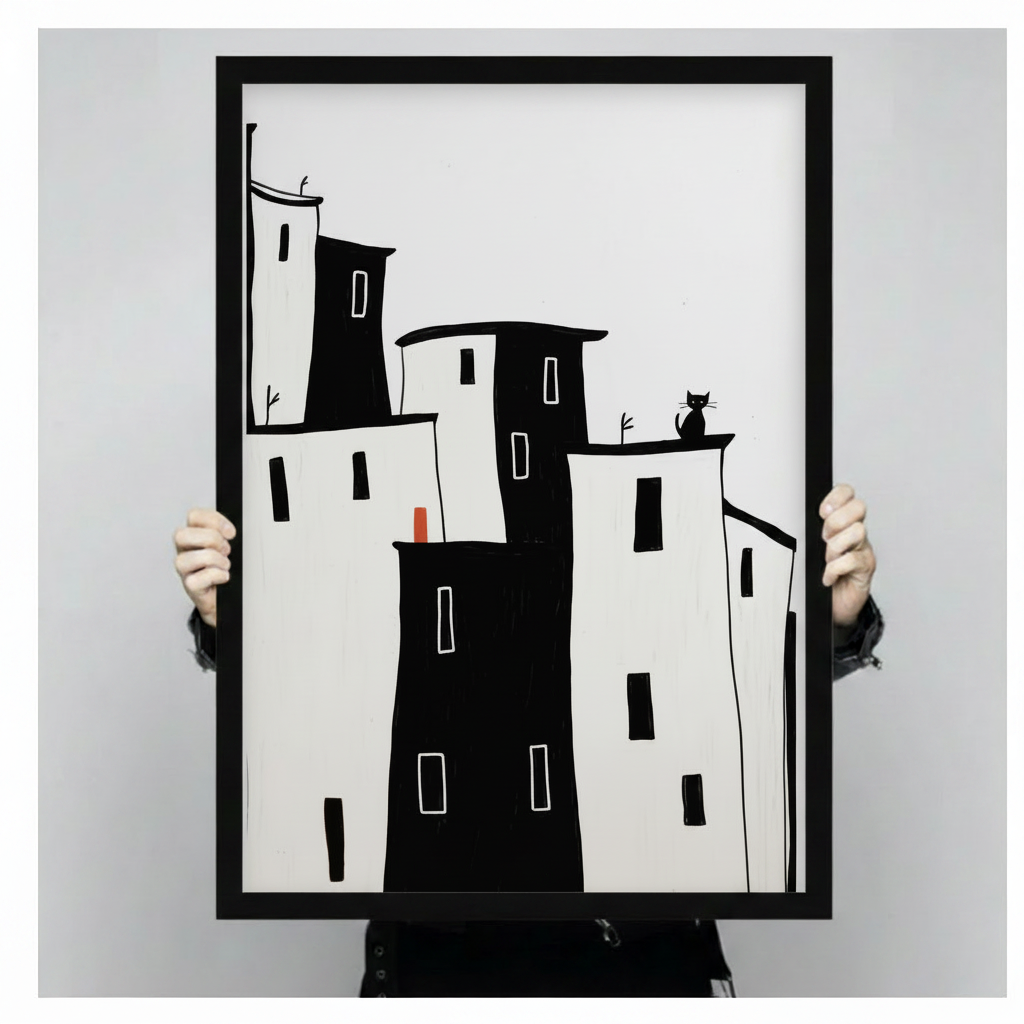 Hand-held black framed poster print of minimalist black and white building silhouettes with black cat on rooftop and small red door detail