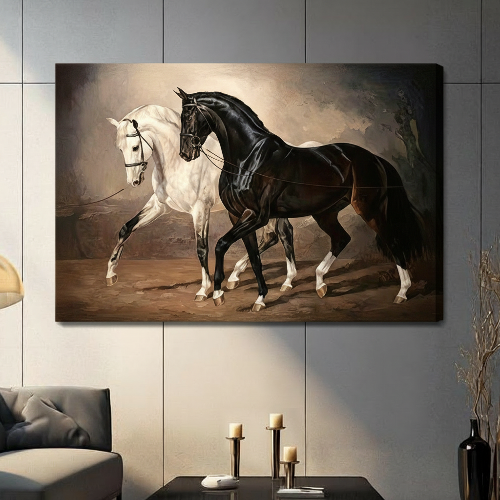 Gallery wrap stretched canvas of a graceful white horse and a powerful black horse moving together in elegant stride both fitted with leather bridles and reins against a warm golden brown atmospheric background with misty tree silhouettes classic equestrian horse duo oil painting hung frameless on a gray paneled wall above a dark sofa with metal candlesticks