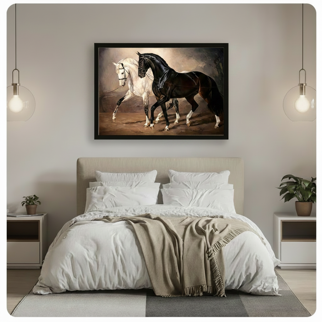 Black framed majestic classic equestrian canvas wall art of a white horse and a black horse striding elegantly side by side with leather bridles and reins against a warm golden brown atmospheric background with hazy tree shadows hung above a beige upholstered bed with white linen bedding flanked by glass globe pendant lights and green potted plants
