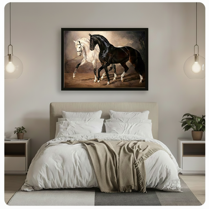 Black framed majestic classic equestrian canvas wall art of a white horse and a black horse striding elegantly side by side with leather bridles and reins against a warm golden brown atmospheric background with hazy tree shadows hung above a beige upholstered bed with white linen bedding flanked by glass globe pendant lights and green potted plants