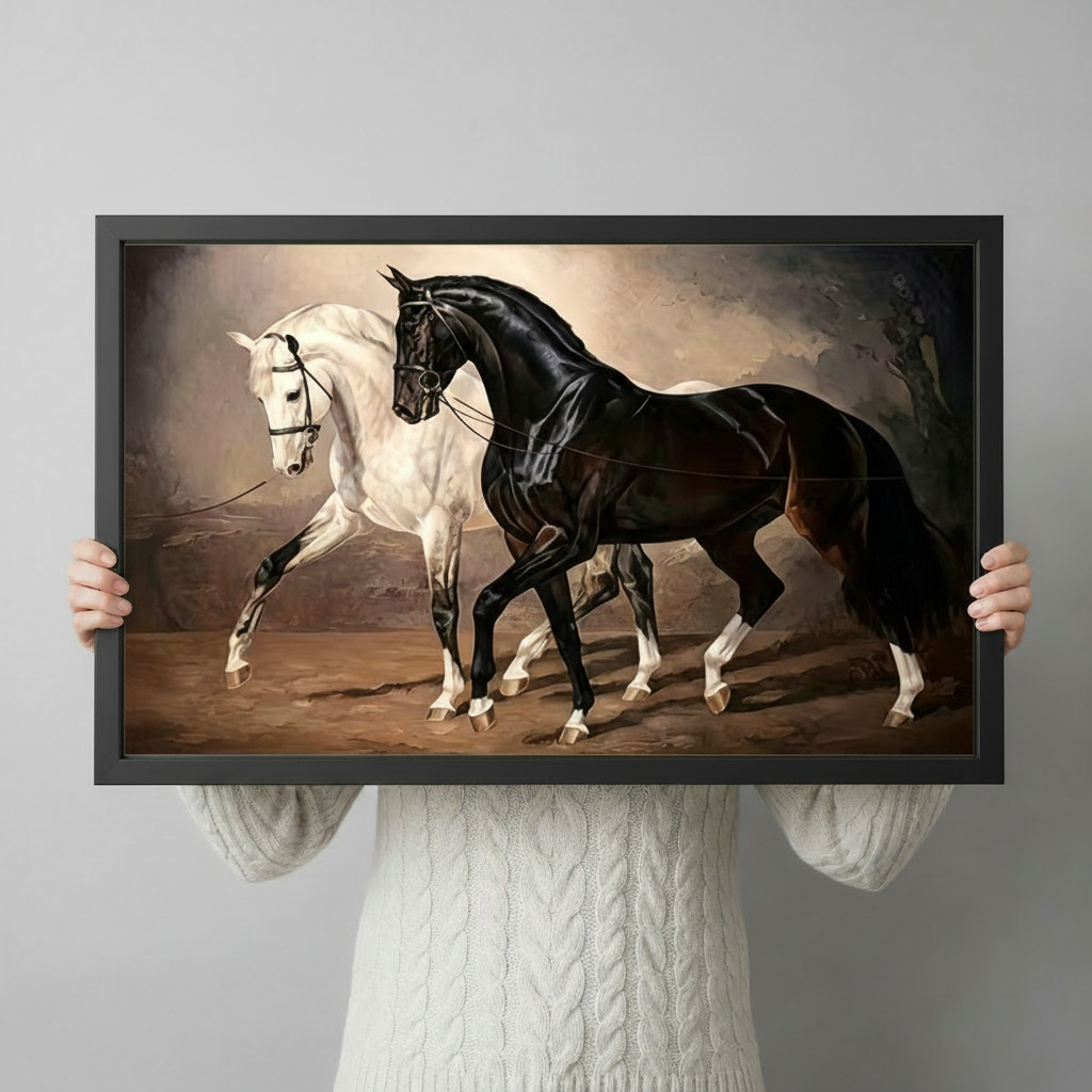 Person in a white cable knit sweater holding up a large black framed classic equestrian oil painting of a white horse and a black horse trotting in unison with leather bridles and flowing reins against a warm amber brown smoky background elegant horse duo canvas art print, front-facing horizontal product size display
