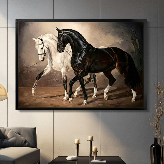 Black framed classic equestrian oil painting of a white horse and a black horse trotting side by side both wearing leather bridles and reins with muscular flowing forms against a warm amber brown smoky background with shadowy trees elegant horse duo canvas wall art displayed in a modern gray paneled living room with dark sofa black coffee table and metal candlesticks
