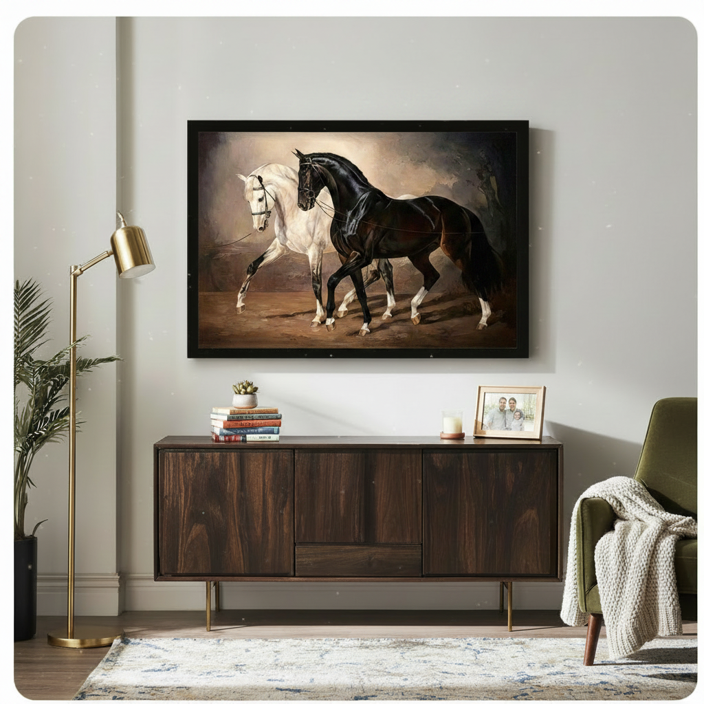 Black framed sophisticated classic equestrian oil painting of a pure white horse and a glossy black horse trotting together in perfect harmony both wearing leather bridles warm ambe