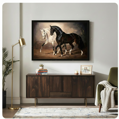 Black framed sophisticated classic equestrian oil painting of a pure white horse and a glossy black horse trotting together in perfect harmony both wearing leather bridles warm ambe