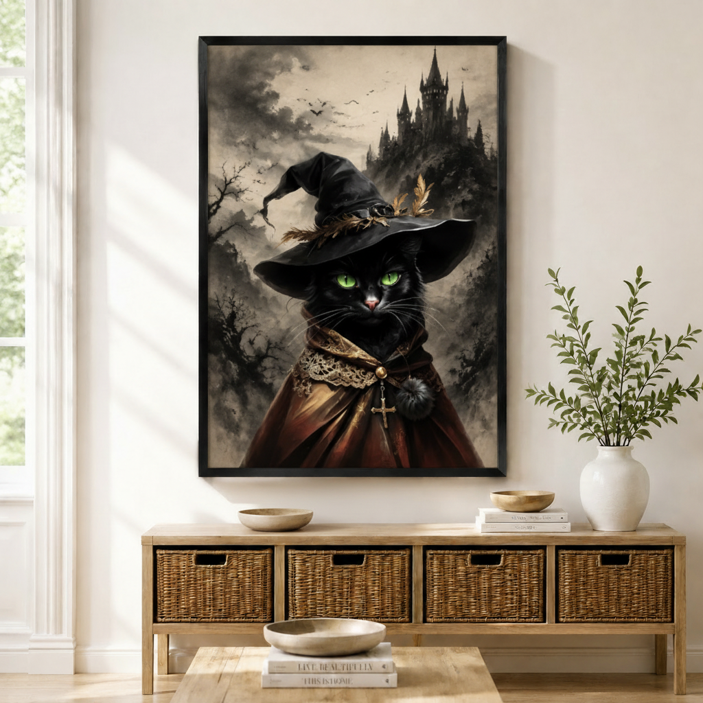 Framed black witch cat canvas wall art with gothic castle background, displayed above a rattan console table in a neutral entryway