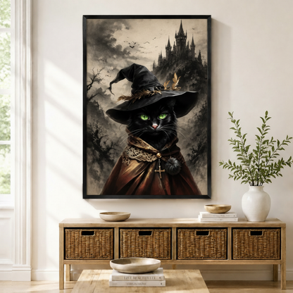 Framed black witch cat canvas wall art with gothic castle background, displayed above a rattan console table in a neutral entryway