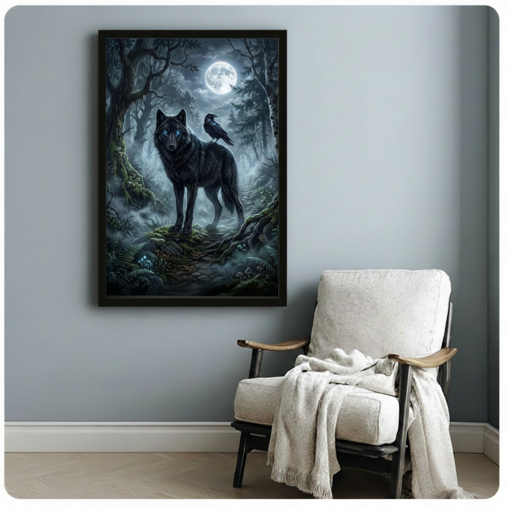 Black framed gothic art poster of a powerful black wolf with a raven companion under a full moon in a dark mystical forest, styled above a white linen armchair in a minimalist room