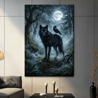 Canvas wrap wall art featuring a dramatic black wolf and crow duo in an enchanted moonlit forest with ferns and mushrooms, hung on a gray wall in a contemporary living room setting