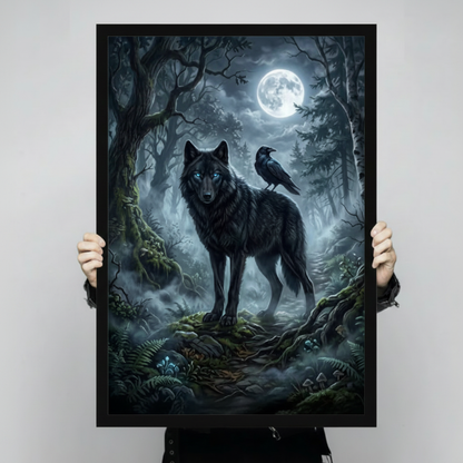 Person holding a large black framed art print of a black wolf and raven in a moonlit gothic forest scene, shown against a neutral light gray background