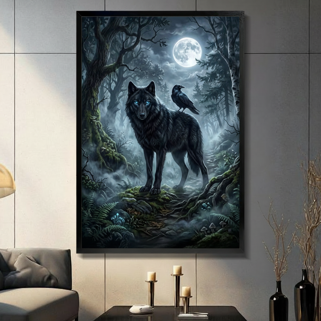 Framed gothic wall art print of a black wolf with glowing blue eyes and a raven perched on its back standing in a moonlit misty forest, displayed in a modern living room above a console table